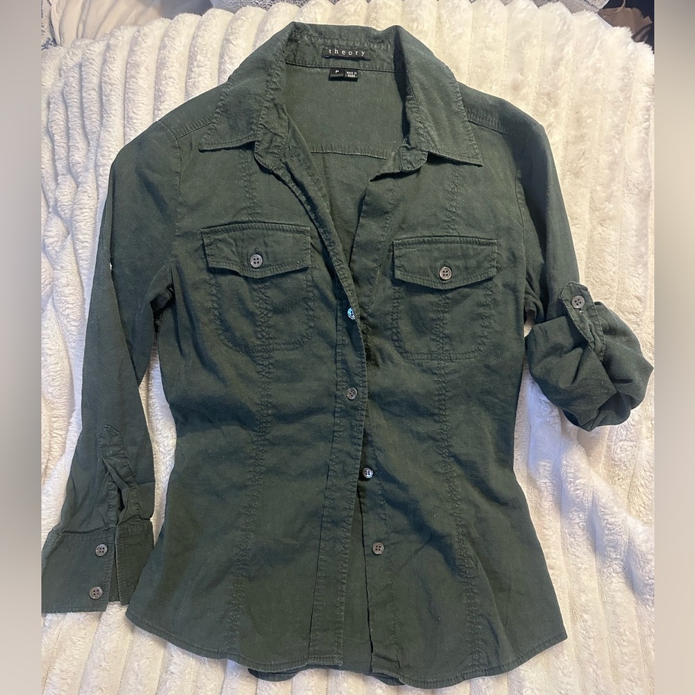 Theory Forest Green Linen Blend Top